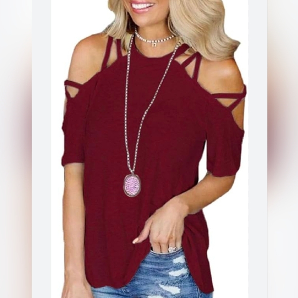 SHEIN Tops - Amazon Women's Red Cold Shoulder Top
